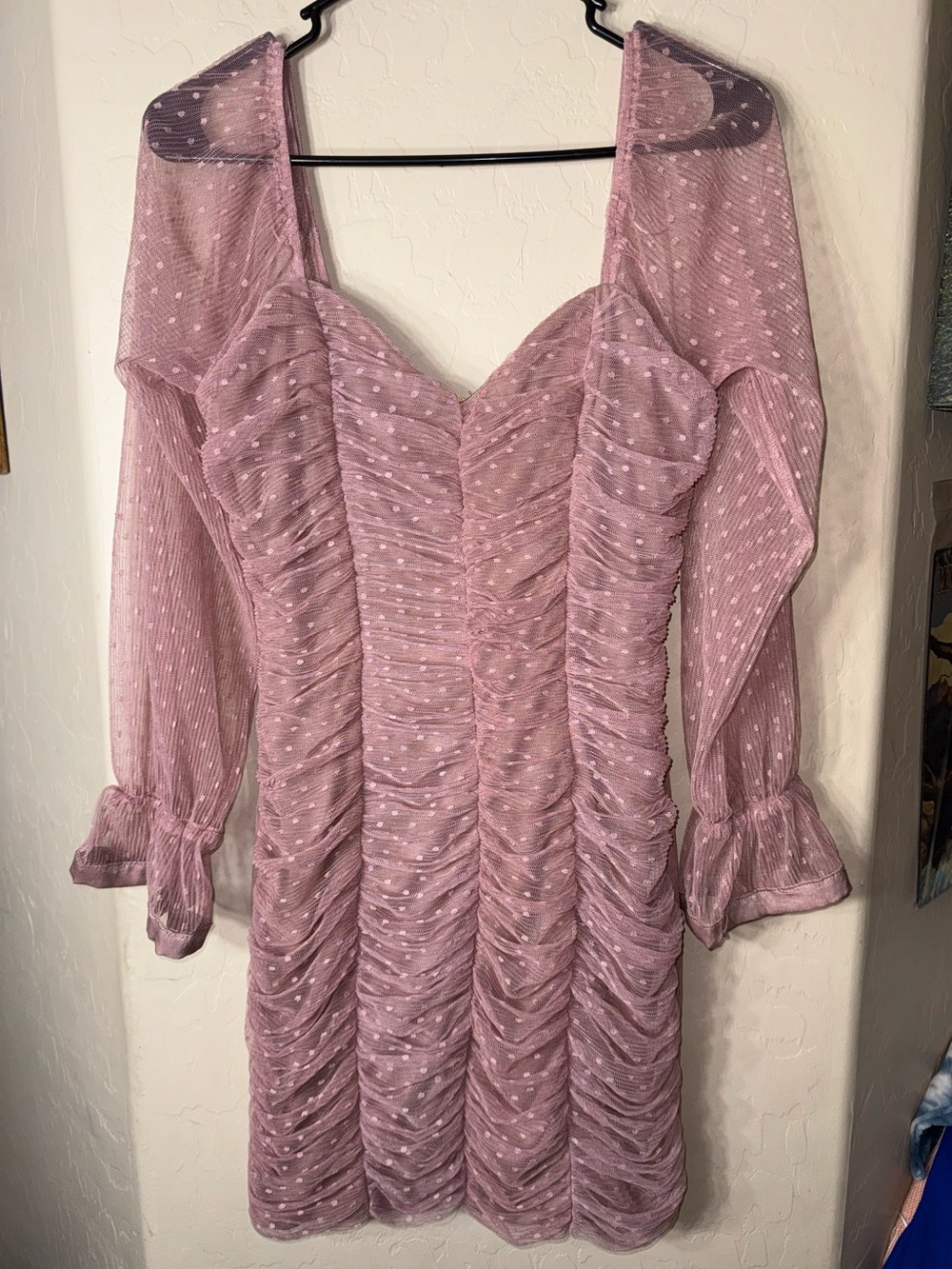 Haute Monde Mauve Swiss Dot Ruched Mesh Mini Dress Sweetheart Neck Size M
